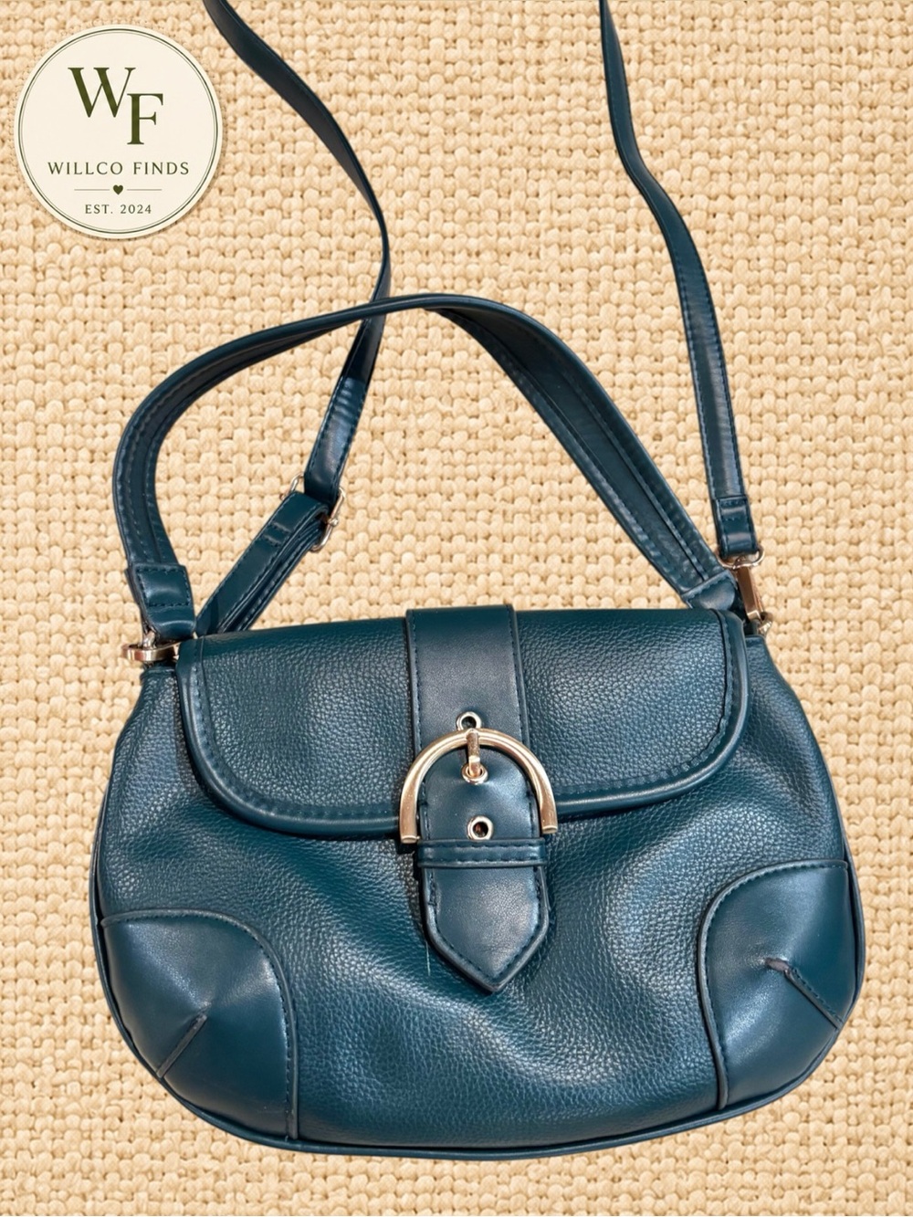Dark Teal Green Faux Leather Satchel Crossbody Bag Buckle Gold Tone Hardware